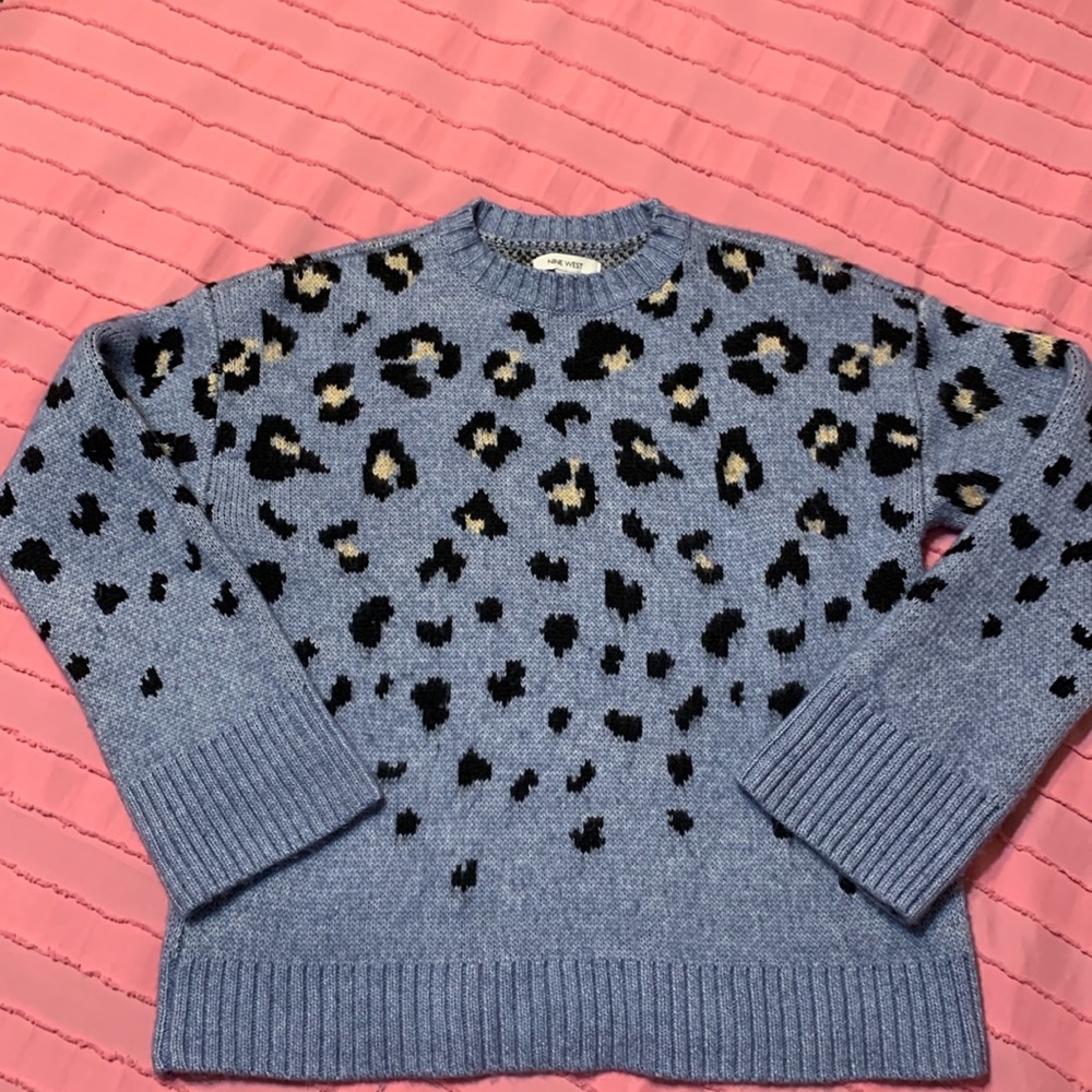 Light Blue Cheetah Print Nine West Crewneck Sweater